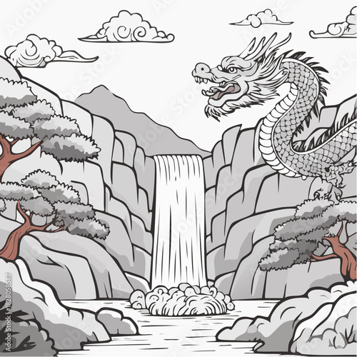 Jolie illustration stylisée représentant un dragon, une cascade d'eau, très peu de couleur, nature, gris, dessin, original et artistique