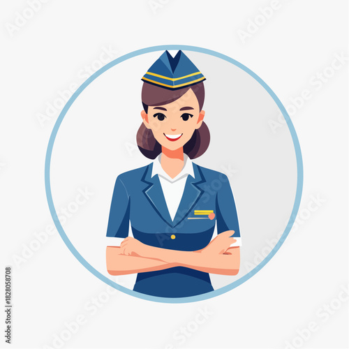A smiling female flight attendant in uniform, arms crossed, within a blue circle.