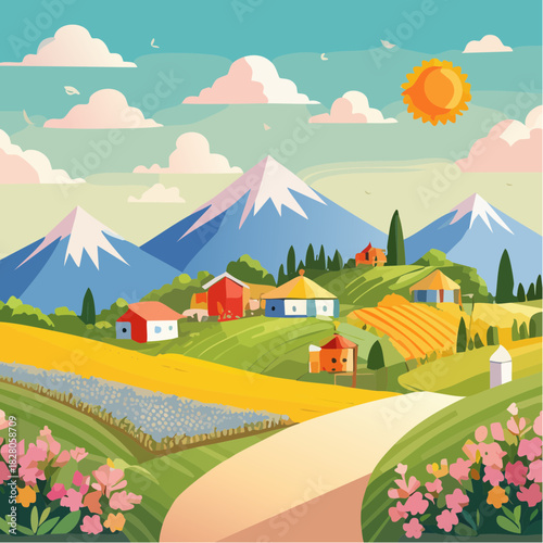 Joli paysage bucolique, pastoral, coloré, fraîcheur, grand air, montagne, vallée, maison, champ, lac