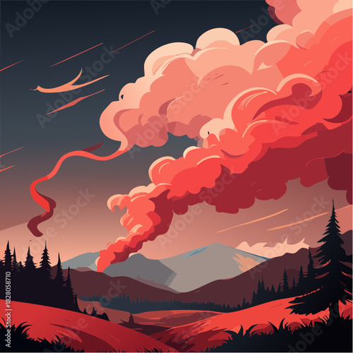Magnifique paysage nocturne, montagne, forêt, de grandes volutes de fumées s'échappent au loin, incendie, volcan, mystérieux, teintes sombres, rouge, bleu, noir