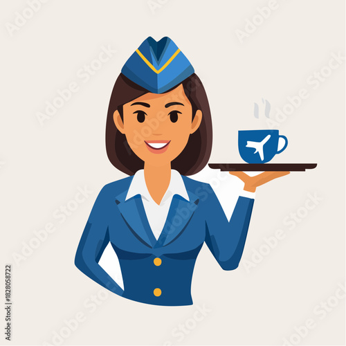 Smiling flight attendant in blue uniform holding a tray with a steaming cup of coffee with an airplane logo.
