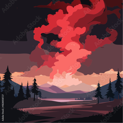 Magnifique paysage nocturne, montagne, forêt, de grandes volutes de fumées s'échappent au loin, incendie, volcan, mystérieux, teintes sombres, rouge, bleu, noir