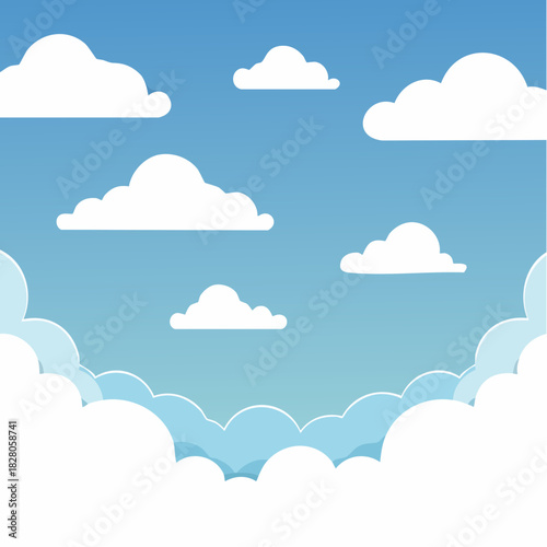 Ciel bleu, nuages blancs, stylisé, formes simples