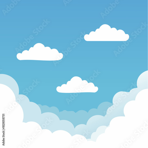 Ciel bleu, nuages blancs, stylisé, formes simples