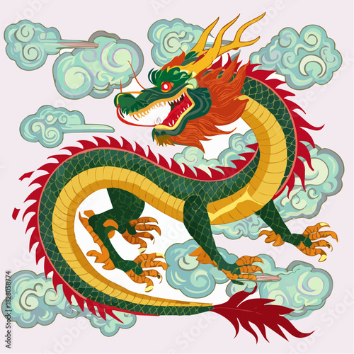 Magnifique illustration d'un majestueux et impressionnant dragon, coloré, isolé sur fond blanc