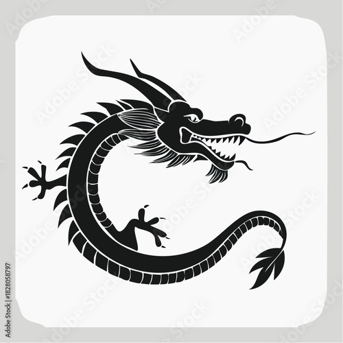 Jolie illustration d'un dragon en noir et blanc, stylisé, fond blanc, artistique