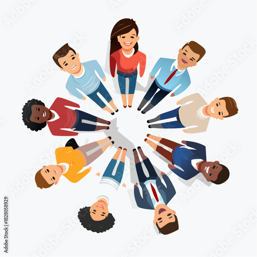 Personnes d'origines et cultures différentes, en cercle, vue du dessus, ensemble, amitié, entreprise, affaires, diversité, inclusion