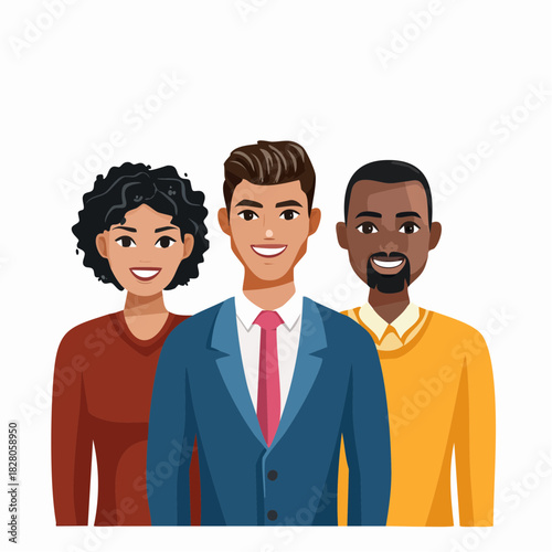 Diversité et inclusion : trois personnes souriantes de cultures différentes, multiculturalisme, diversité, inclusion, isolé sur fond blanc