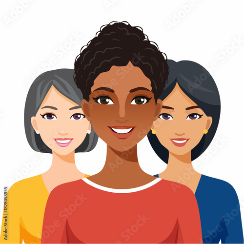 Diversité et inclusion : trois personnes souriantes de cultures différentes, multiculturalisme, diversité, inclusion, isolé sur fond blanc
