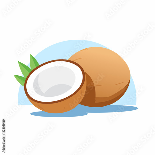 Jolie noix de coco entière et coupée, en gros plan, isolé sur un fond blanc