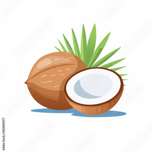 Jolie noix de coco entière et coupée, en gros plan, isolé sur un fond blanc