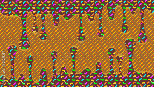 Ice cream drip with sprinkles illustration. Colorful sprinkle and chocolate drip on waffle background. Melting ice cream drip vector design. Wavy chocolate drips illustration.