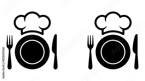 Chef hat, plate, and cutlery icons representing restaurant, cooking, culinary, and dining concepts with a clean, minimalist design