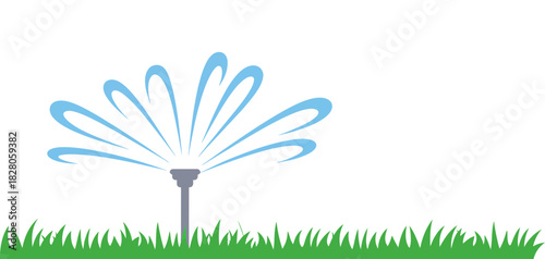 Lawn sprinkler watering green grass illustration, automatic irrigation system for garden and field care, water conservation and lawn maintenance