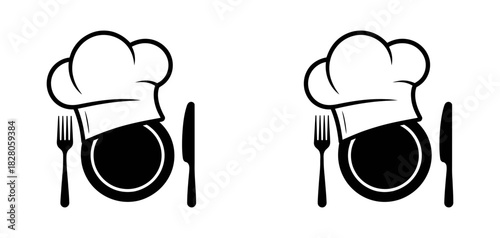Chef's hat, plate, fork, and knife icon representing restaurant, culinary arts, food service, cooking, and gastronomy symbol design.