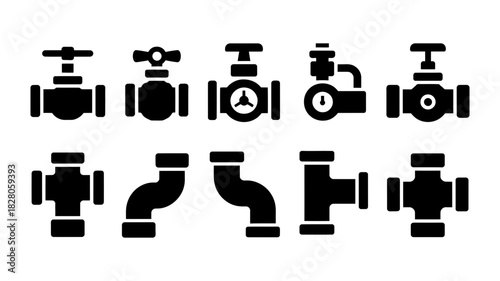 Industrial pipeline valves and various pipe fittings silhouette icon set, essential for plumbing, construction, and engineering diagrams.