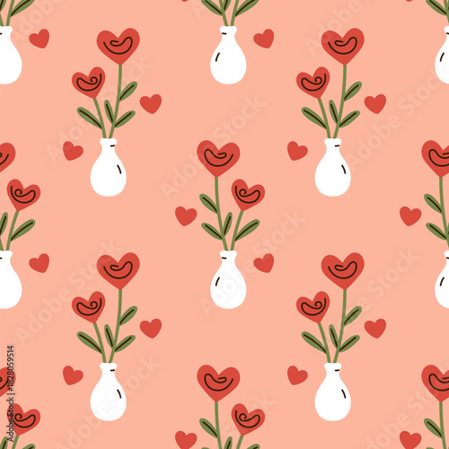 Vector seamless pattern with heart shaped flowers in vases on pink background. Cute Valentines Day romantic print, wedding, greeting card, wrapping paper, textile, and festive decor in flat style.