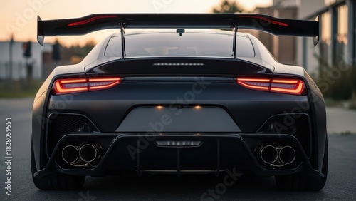 Sleek black sports car with spoiler and dual exhaust in urban setting at sunset