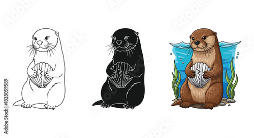 Cute otter holding a seashell in three styles line art, silhouette and colorful cartoon