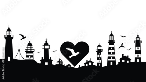 Silhouette of lighthouses and heart with seagulls