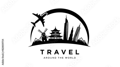 Global travel concept with airplane flying over world landmarks