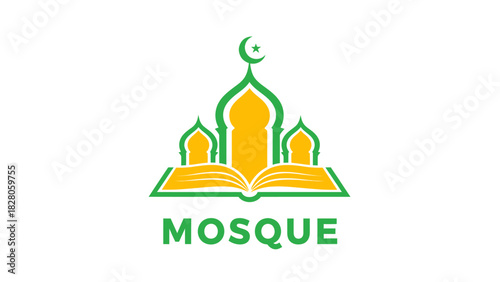 Stylized mosque and open book with crescent moon and star design.