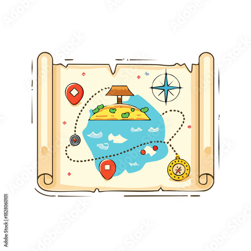 Old Pirate Treasure Map Illustration on a Scroll with an Island and Compass