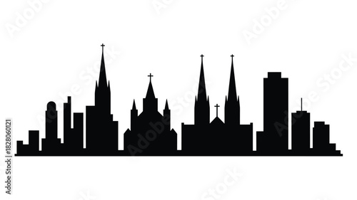 City skyline silhouette with prominent spires and towers