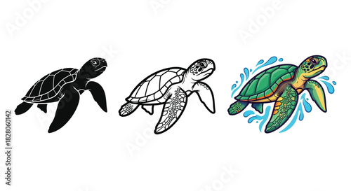 Sea turtle illustrations black silhouette, outline, and colorful swimming turtle with splashes