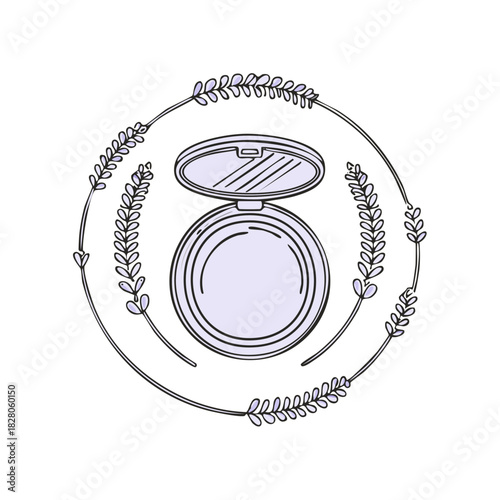 Hand drawn illustration of a cosmetic powder compact in a lavender floral wreath