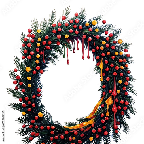 A festive and vibrant christmas wreath adorned with red berries colorful baubles and pine needles perfect for holiday decoration