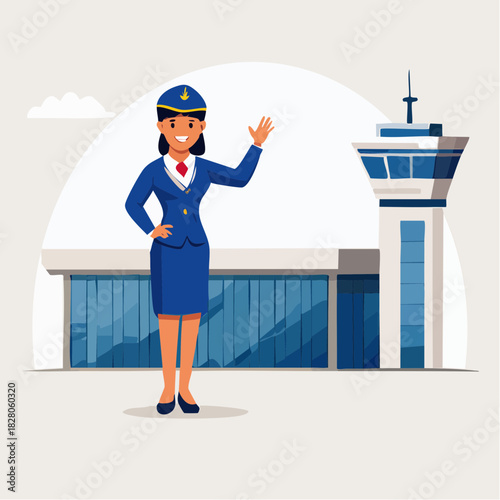 Cartoon illustration of a smiling flight attendant waving in front of an airport building and control tower.
