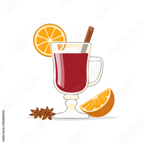 Festive Mulled Wine Drink with Orange Slice Cinnamon Stick Star Anise Cozy Winter Beverage Illustration
