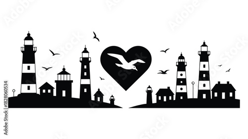 Lighthouse silhouette heart with seagulls and coastal buildings