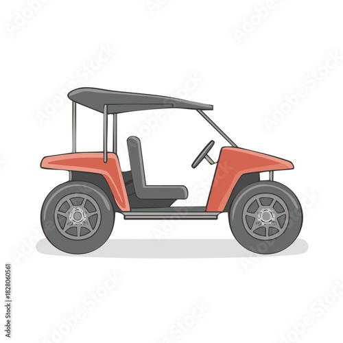 Red cartoon golf cart with gray canopy and wheels on a white background