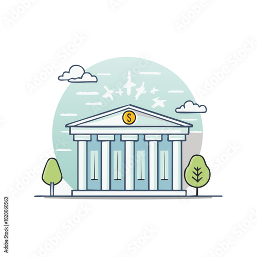 Cartoon banking building facade with white columns, financial concept and economy, supported by trees, cloudy sky background