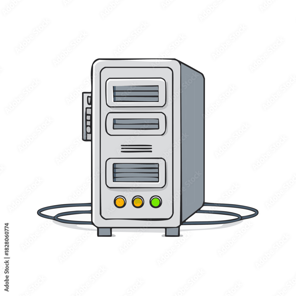 Obraz premium Retro computer server tower with front panel lights and power cable illustration