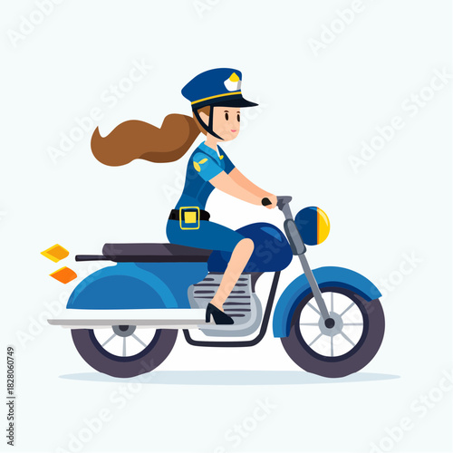 Strong female police officer riding a patrol motorcycle, ensuring public safety and order, isolated white background.