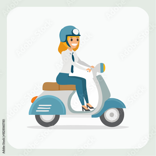 Cheerful young woman riding a blue scooter, commuting independently with style in a bright studio.