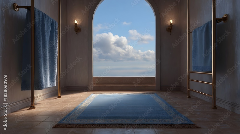 Obraz premium Elegant bathroom interior with arched doorway to serene ocean and sky view at dawn blue towels and rug