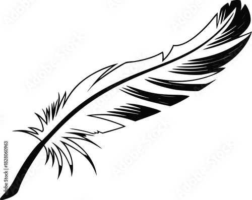 Stylized Black and Blue Feather Illustration on White Background