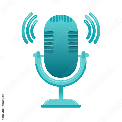 Turquoise retro microphone broadcasting sound waves vibrant modern illustration