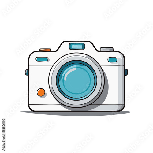 Modern White Digital Camera with Blue Lens and Orange Button