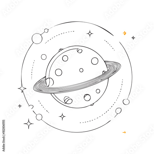 Linear cosmic drawing of a planet with rings surrounded by moons and stars concept for astrology or sci-fi compositions design element