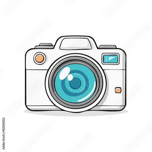 Stylized white digital camera illustration featuring a bright blue lens for photography media and visual content