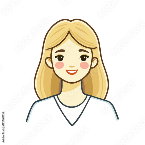 Cartoon portrait of a smiling blonde woman character with pink cheeks in white shirt