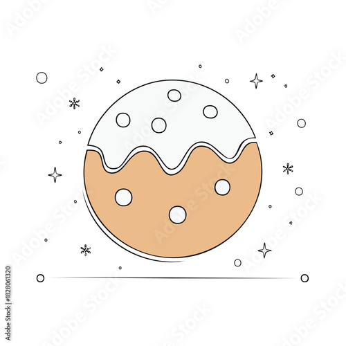 Cute cartoon illustration of a cookie planet with icing and craters in space with stars and snowflakes