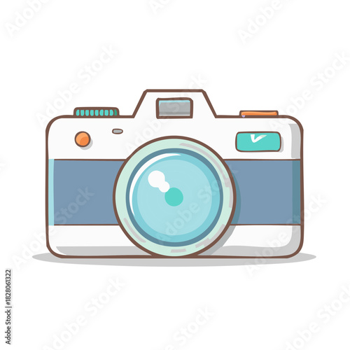 Cute cartoon camera illustration with a light blue and white retro design