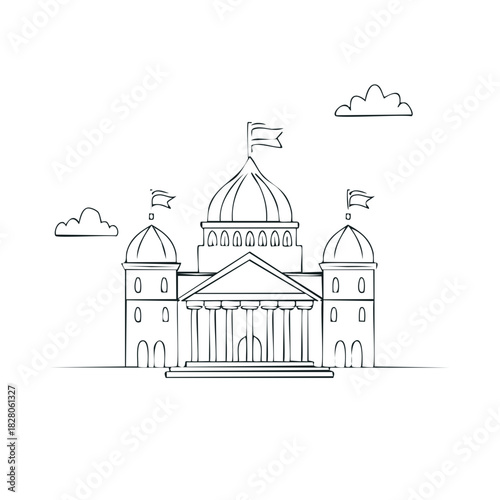 Hand drawn sketch of historic capitol building with flags and classical columns