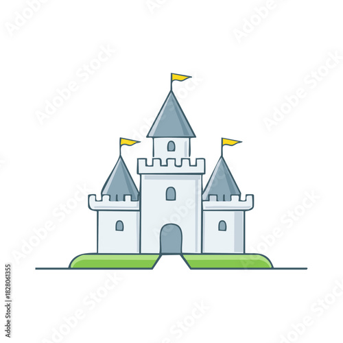A simple cartoon illustration of a fairytale castle with towers and flags. Medieval kingdom vector icon.